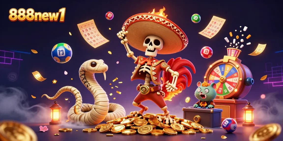 Experience the vibrant energy of 888new1 with playful characters celebrating a lottery win.