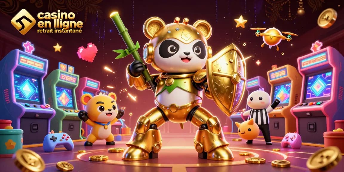 Animations de casino en ligne retrait instantané avec un panda pilote et des machines à sous colorées.