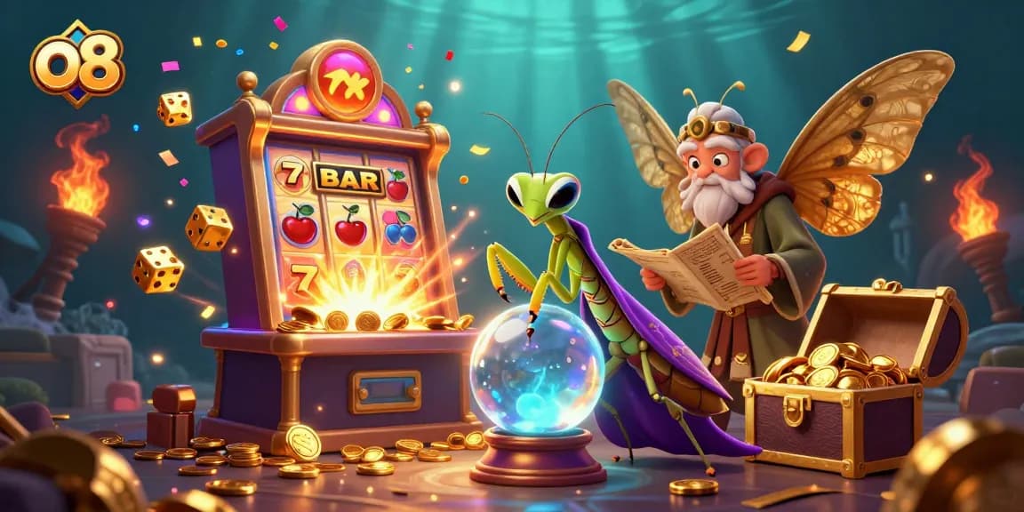 Engage with the vibrant gaming world of o8, featuring a dynamic scene of magical casino elements and joy.