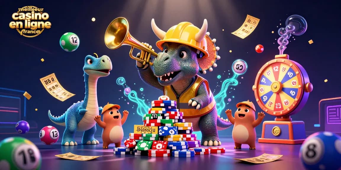 Illustration dynamique pour le meilleur casino en ligne France avec un tricératops construisant une pyramide de jetons de poker.