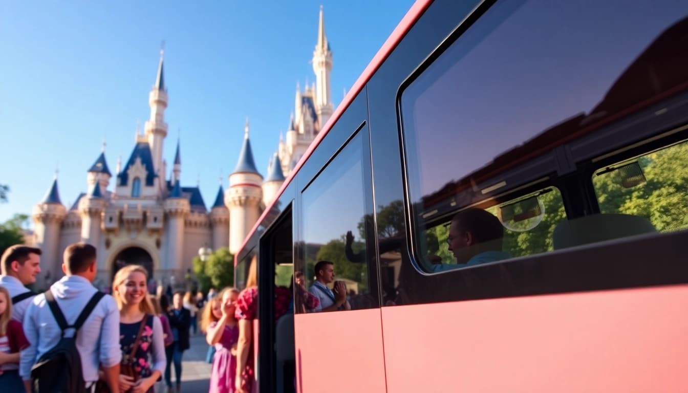 Families boarding a shuttle from Disneyland Paris to airport, showcasing a magical journey.