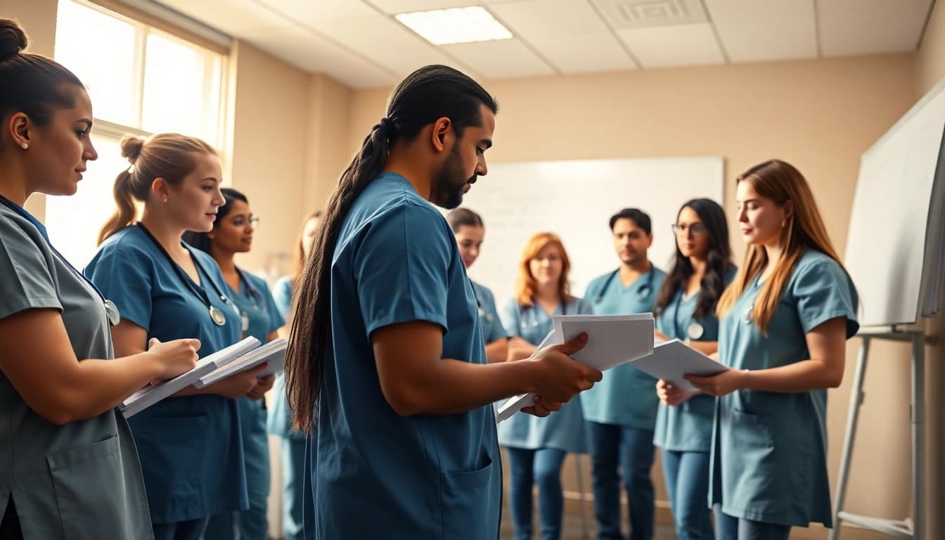 Engaged students in an in person Nclex review in Houston surrounded by study materials and a collaborative atmosphere.