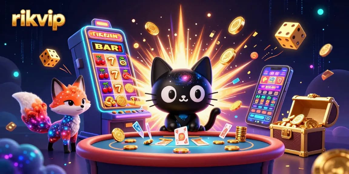 Experience the vibrant cosmic casino atmosphere with rikvip as a black hole cat pulls in chips amidst colorful game elements.