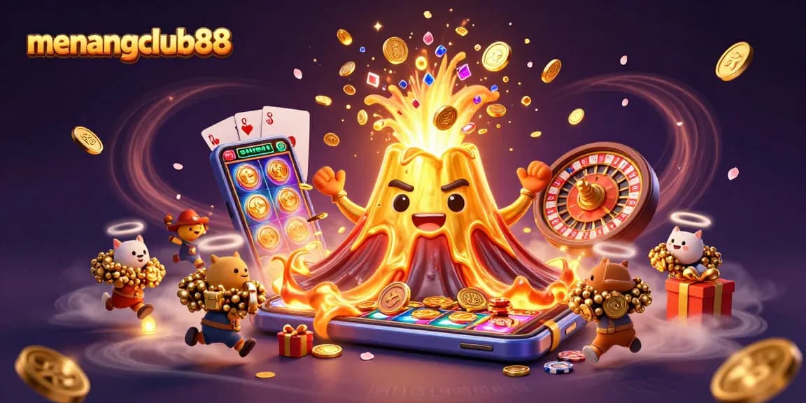 Experience the exciting treasure hunt at menangclub88 with vibrant casino-themed visuals and dynamic characters.