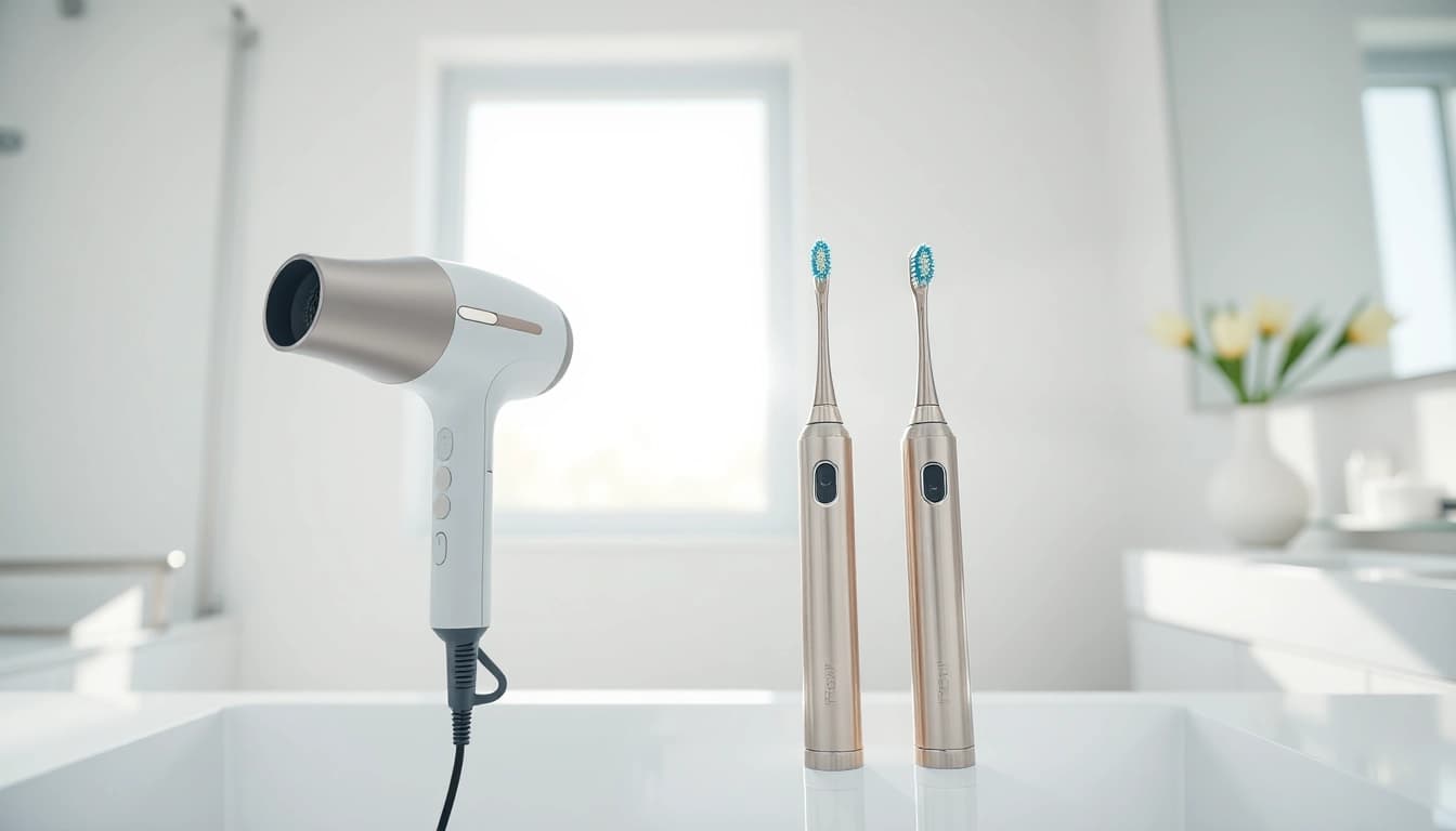 Capture Laifentech products showcasing a hair dryer and toothbrush in a stylish bathroom.