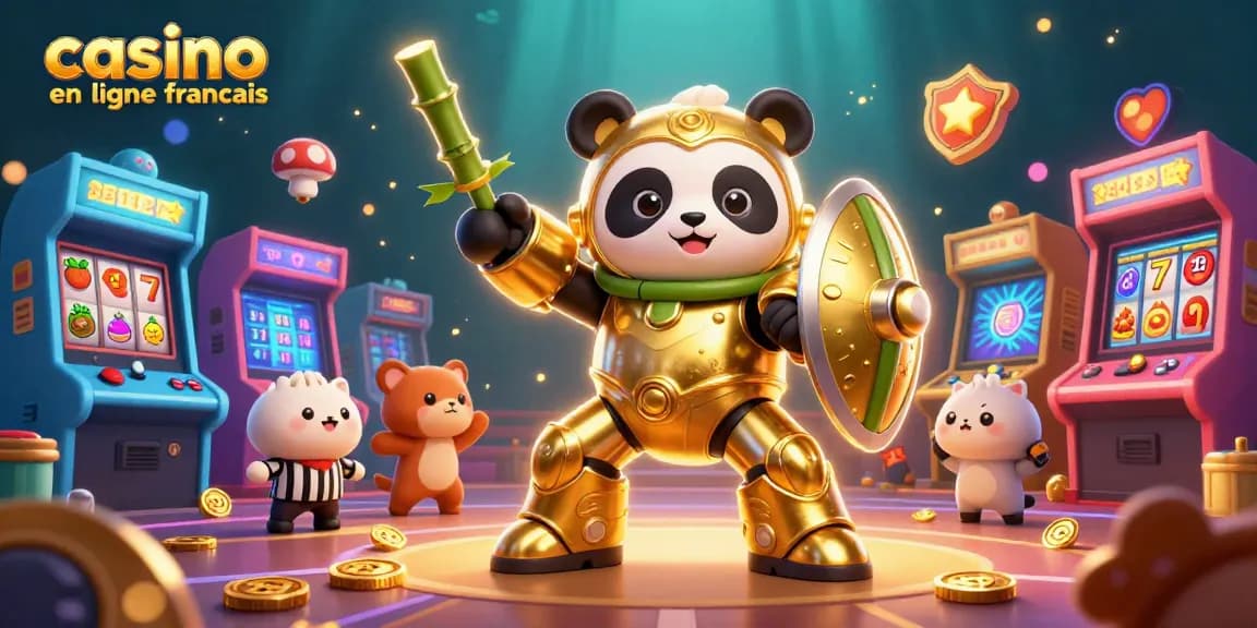 Illustration dynamique d'un casino en ligne français avec un panda et un robot dans une arène colorée.