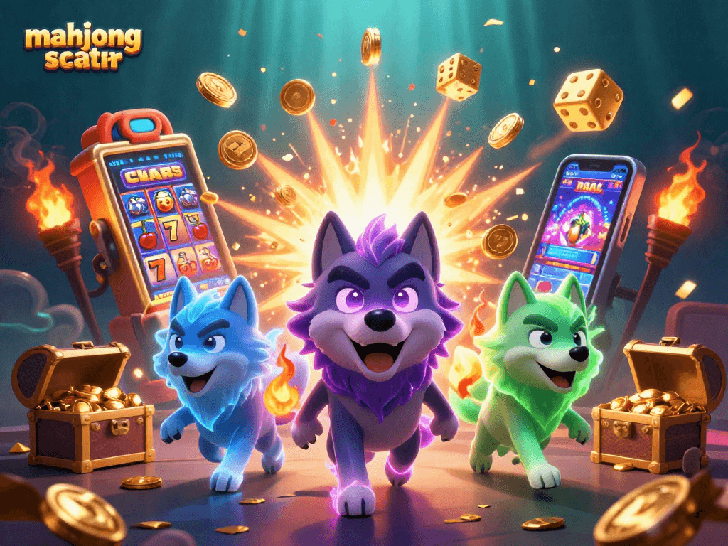 Experience thrilling wins with Mahjong scatter in this dynamic casino-themed illustration featuring energetic wolves.