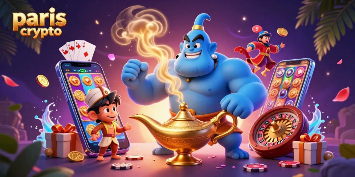 Pariez avec paris crypto tout en voyant un génie bleu sortir d'une lampe magique dans un décor de casino animé.