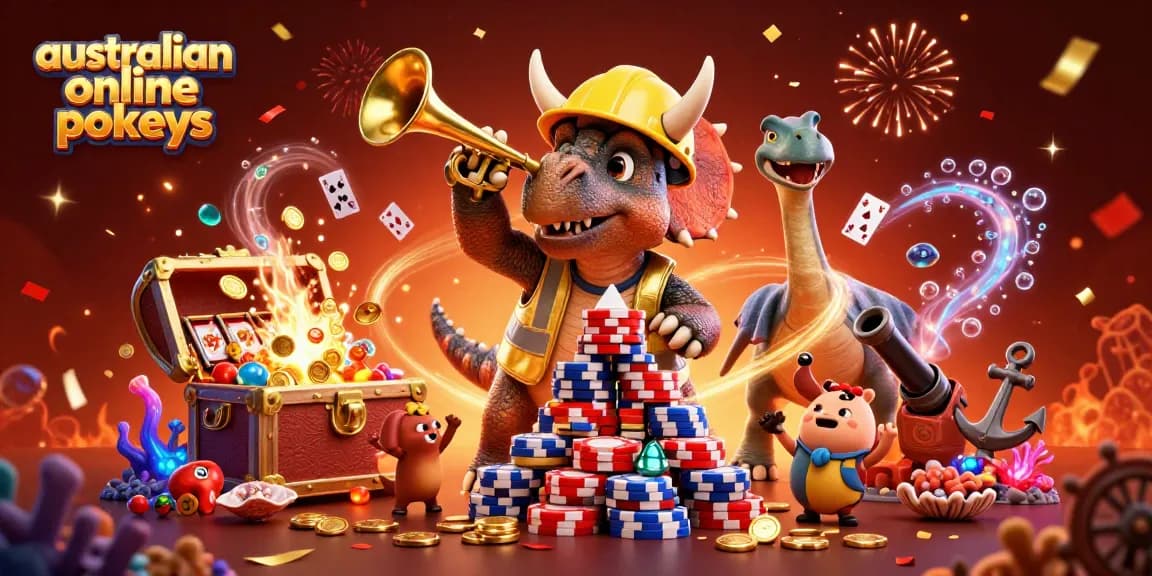 Playing Australian online pokies with a playful 3D dinosaur building poker chips.