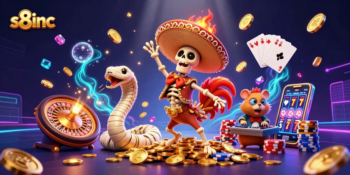 Join the fun at s8inc with a vibrant scene featuring characters celebrating winnings with coins, cards, and roulette.