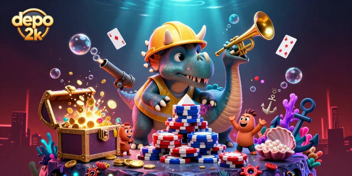 Menggambar tindakan bermain slot dengan depo 2k, triceratops membangun tumpukan chip poker di latar belakang laut yang indah