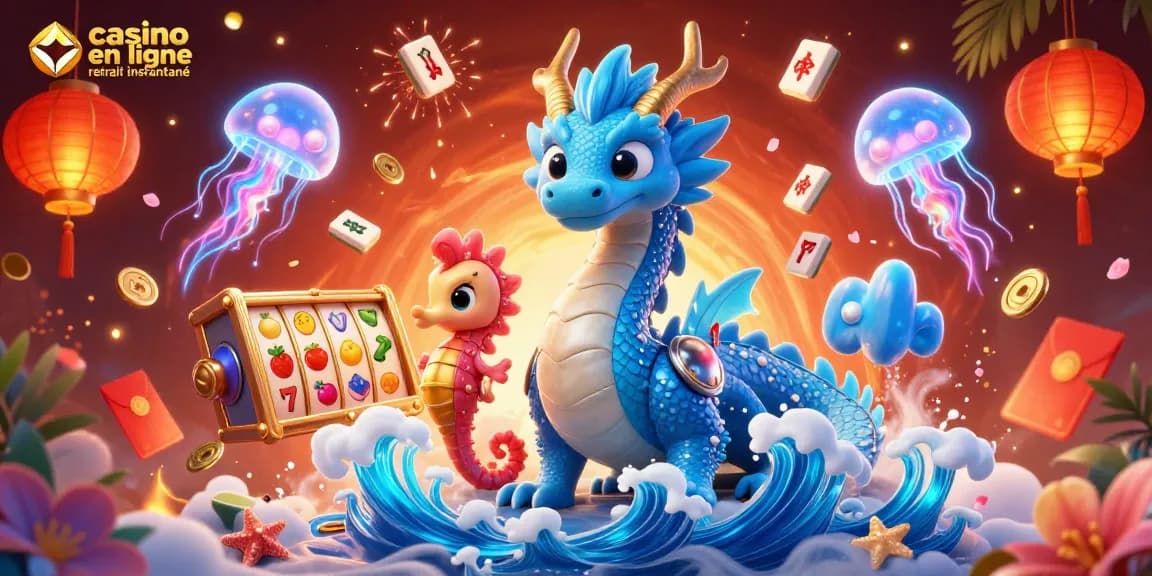 Jouez au casino en ligne retrait instantané avec le dragon en eau et les lucioles lumineuses.