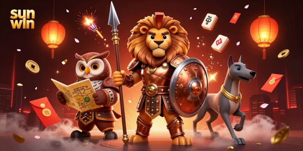 Engage in thrilling gameplay with sun win while witnessing the heroic Spartan lion and friends.