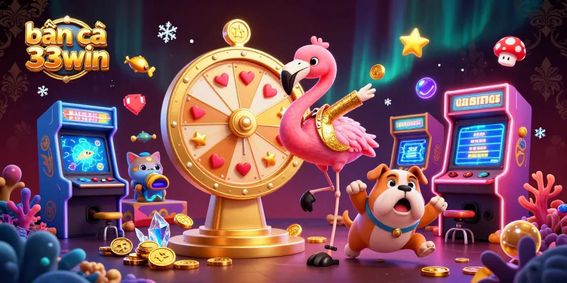 Bắn cá 33win features a lively scene with a game show host flamingo, excited bulldog contestant, and scoreboard cat amidst vibrant underwater game elements.
