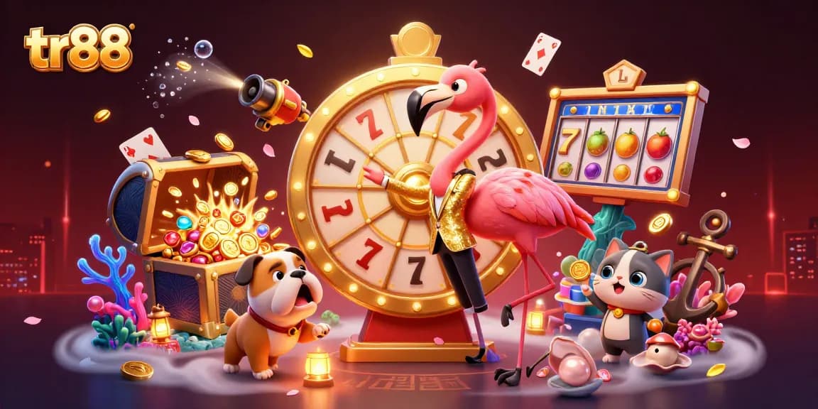 Spin the giant prize wheel for tr88 at the vibrant casino scene filled with energetic characters and gaming elements.