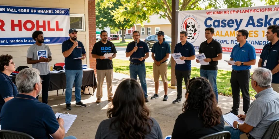 Casey Askar engaging voters at a town hall meeting showing community connection