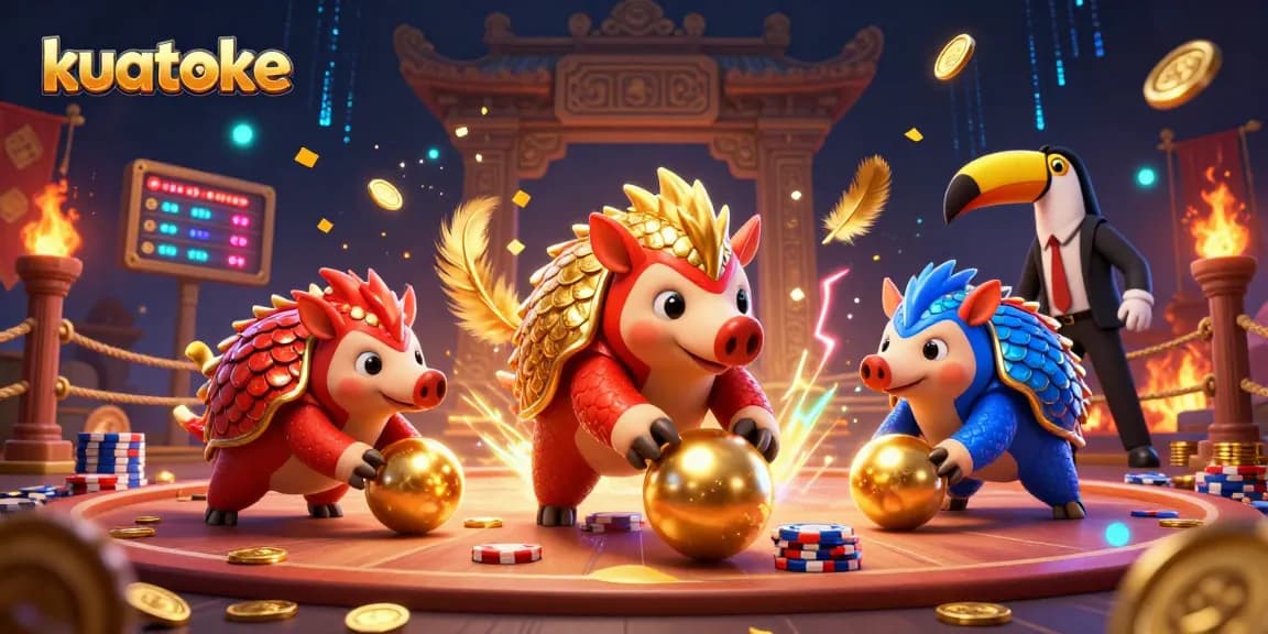 Kuatoke pangolins compete in a vibrant casino scene, rolling poker chips as confetti rains down.