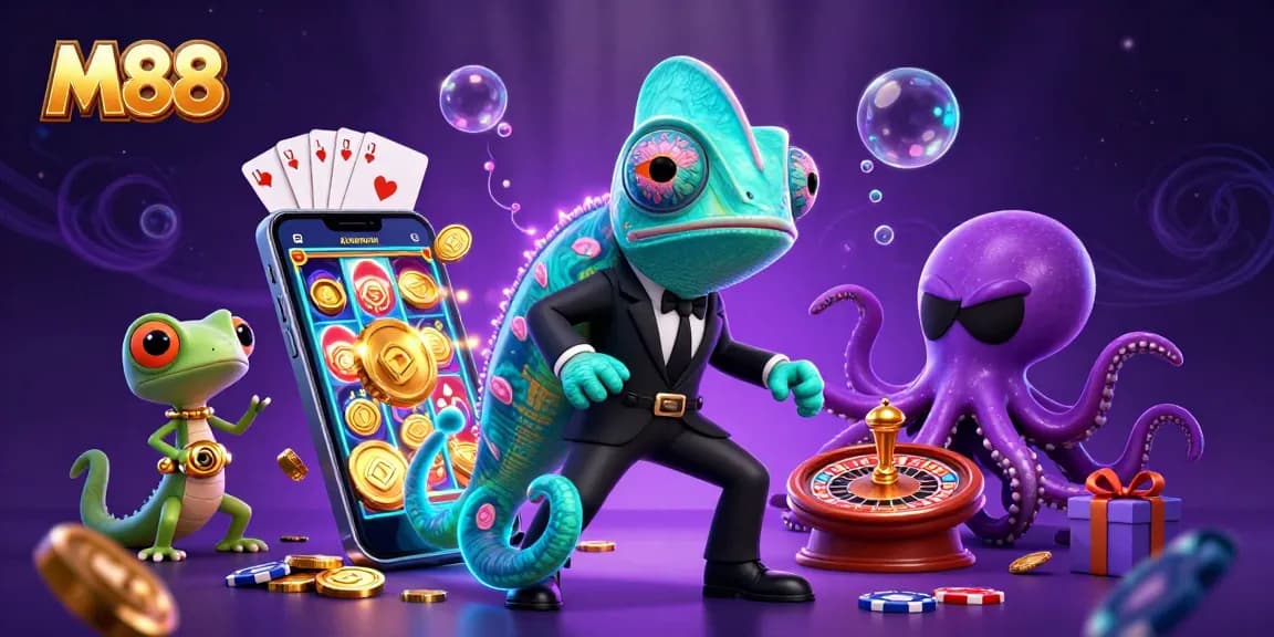 M88 reveals dynamic betting action with a secret agent chameleon, gecko gadgets, and colorful gaming elements.