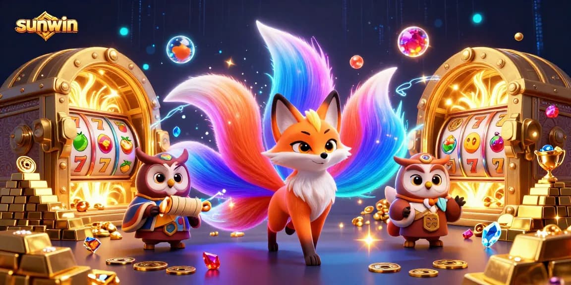 Experience the magical world of sunwin with vibrant characters and slot elements in this captivating illustration.