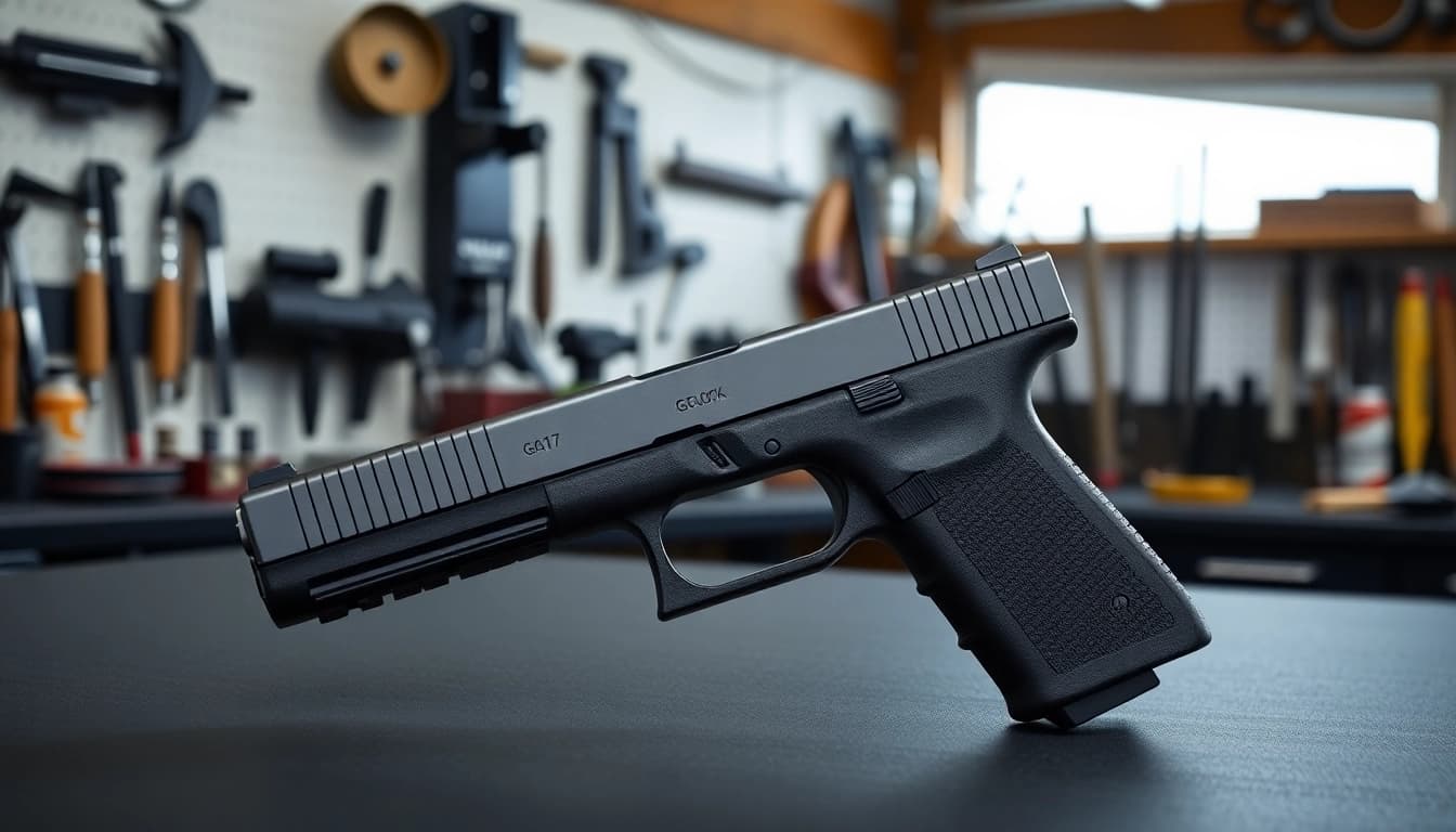 Examine a detailed glock 17 gen 5 slide showcased on a craftsman's workbench, emphasizing precision.
