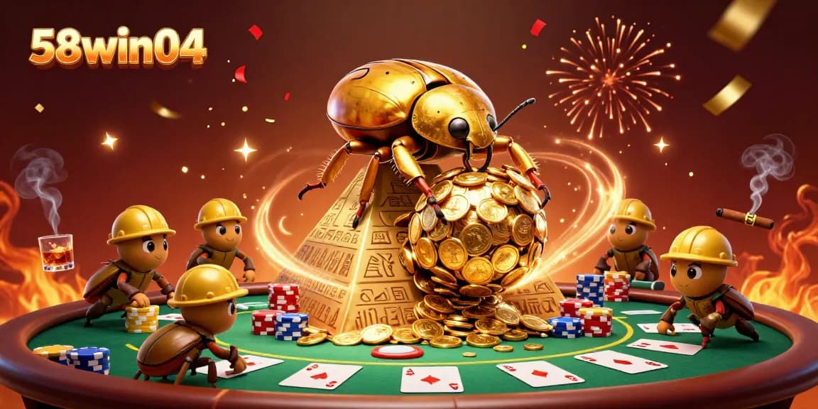 Engage with 58win04 in a vibrant casino world featuring golden beetles, poker elements, and festive atmosphere.