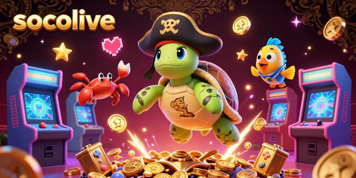 Experience the vibrant gaming realm of socolive with a lively arcade scene featuring cartoon characters and treasure elements.