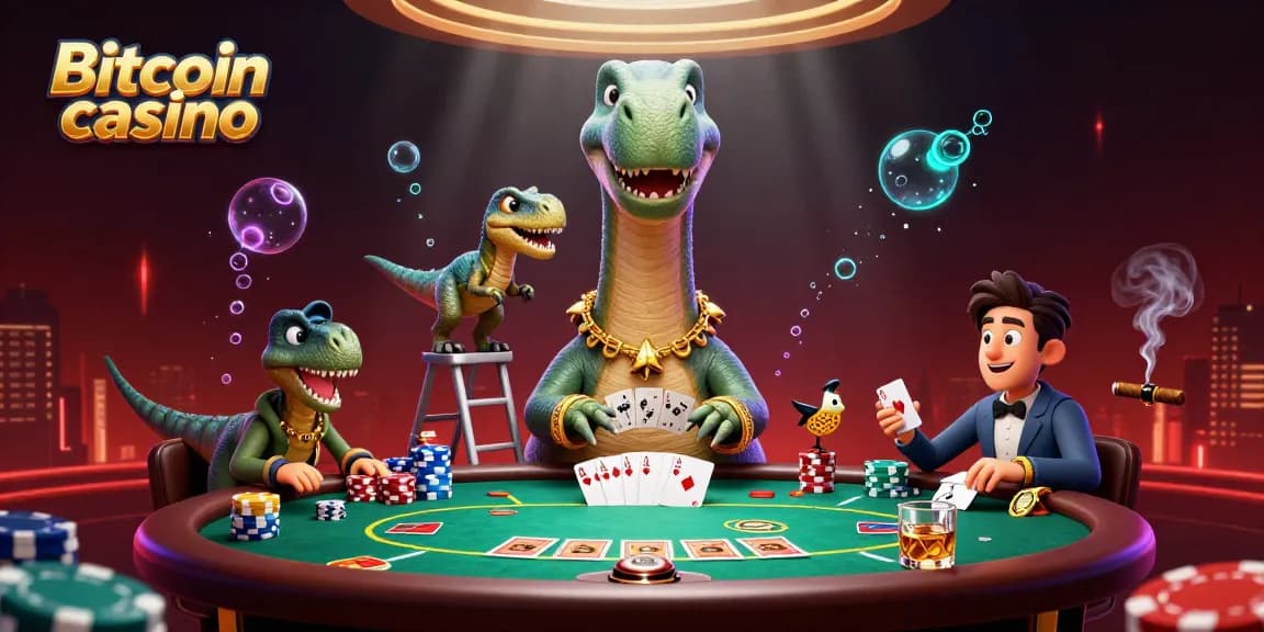 Jouer au Bitcoin casino en ligne avec des personnages cartoon dans une scène dynamique de poker.