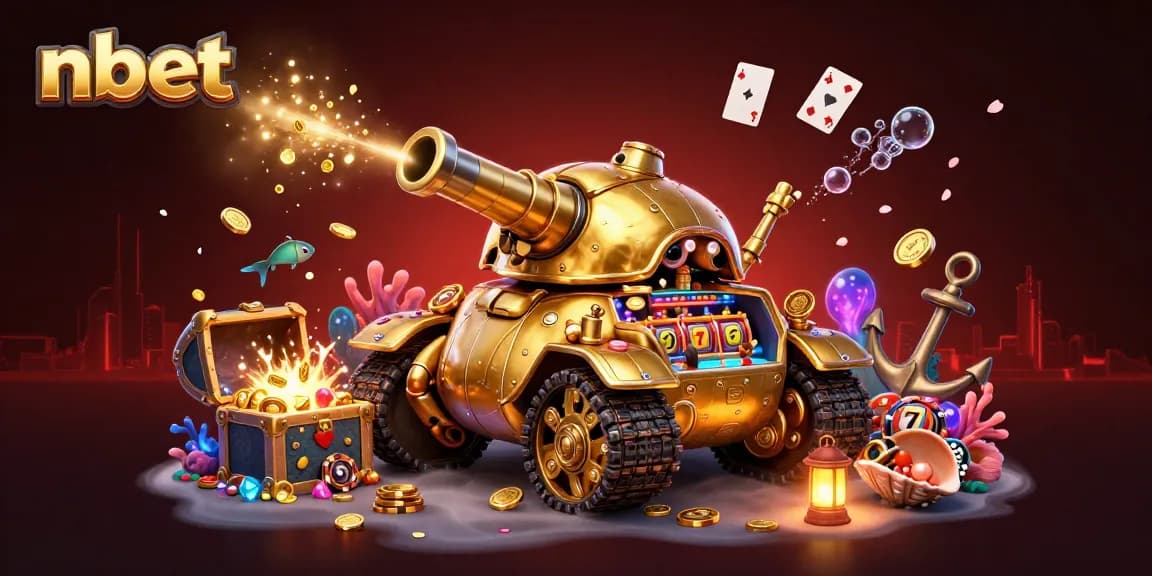 Experience excitement at nbet with this vibrant casino scene showcasing a golden beetle tank loaded with gaming treasures.