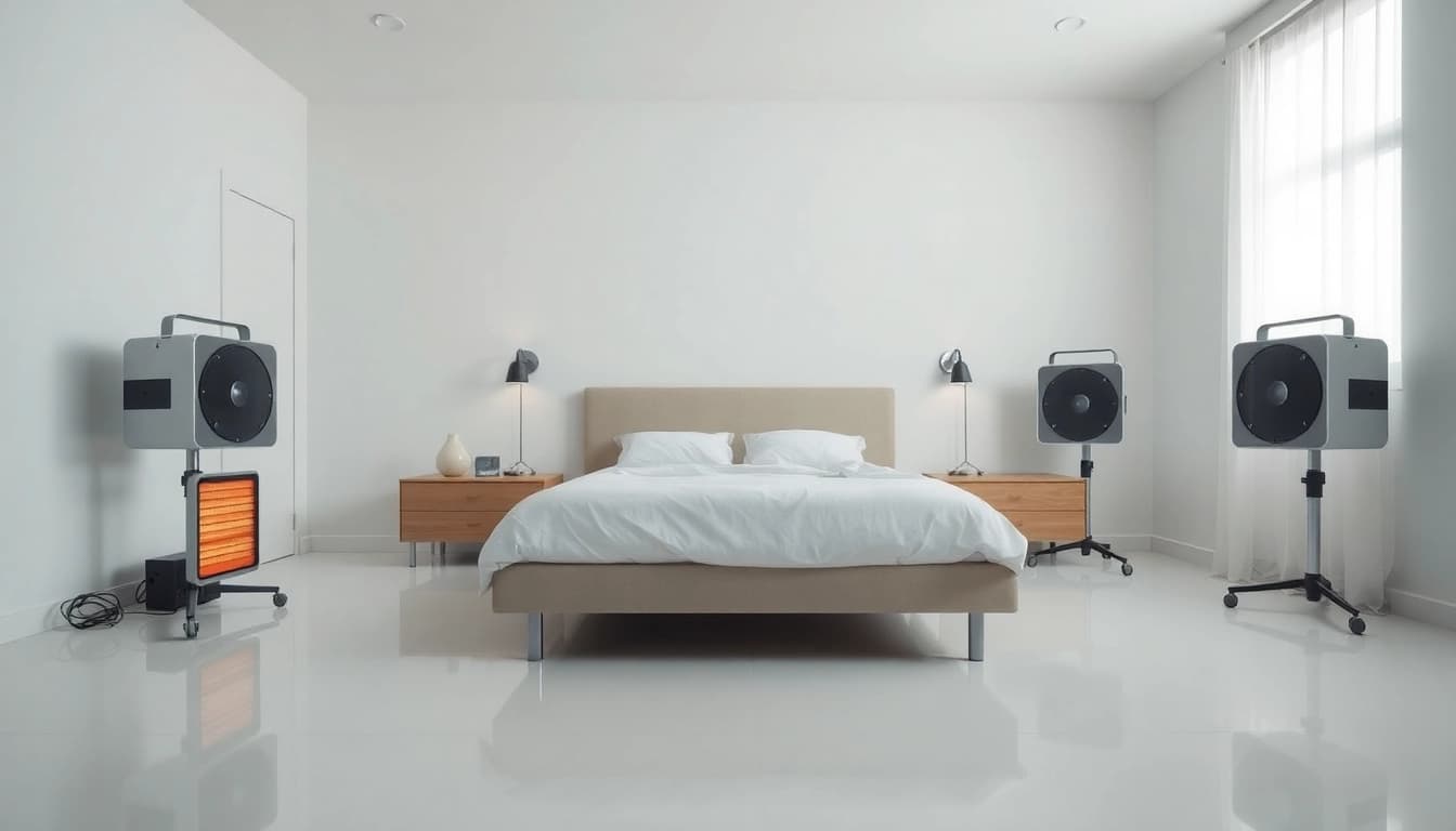 Treating bed bugs with heat treatment in a modern, clean bedroom setup