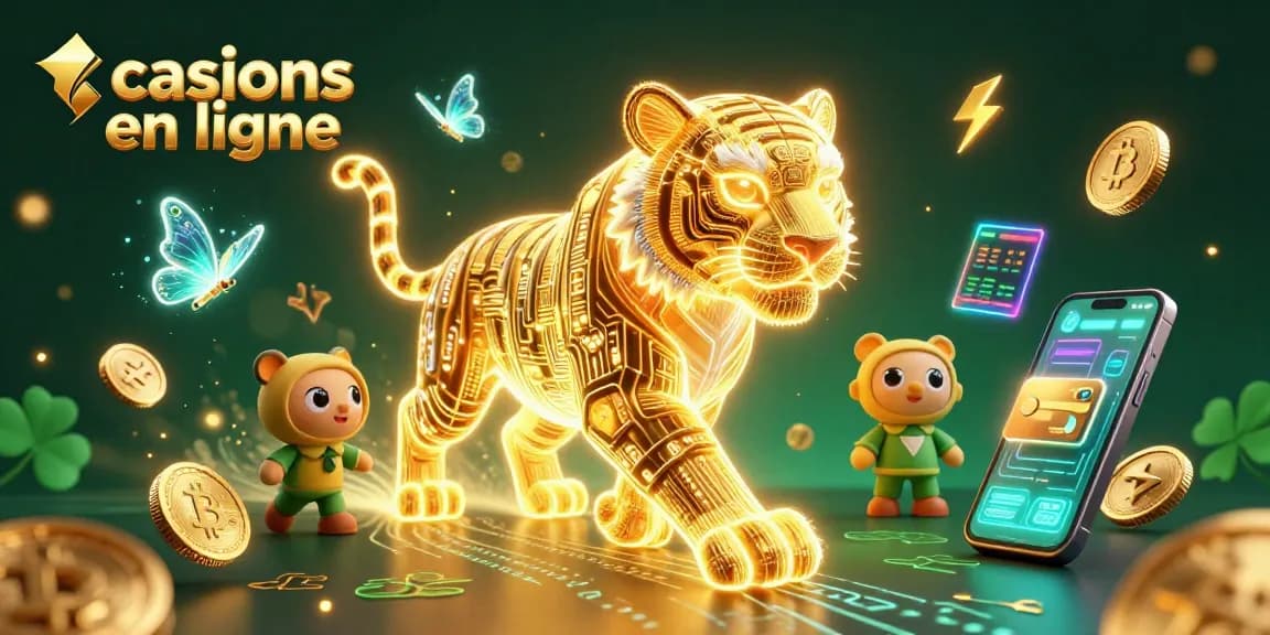 Vivez l'adrénaline des casinos en ligne avec un tigre lumineux et des pièces de cryptomonnaies.