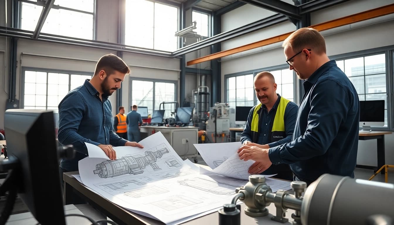 Engaged engineers working on Pressure Vessel Design blueprints in a bright workshop.
