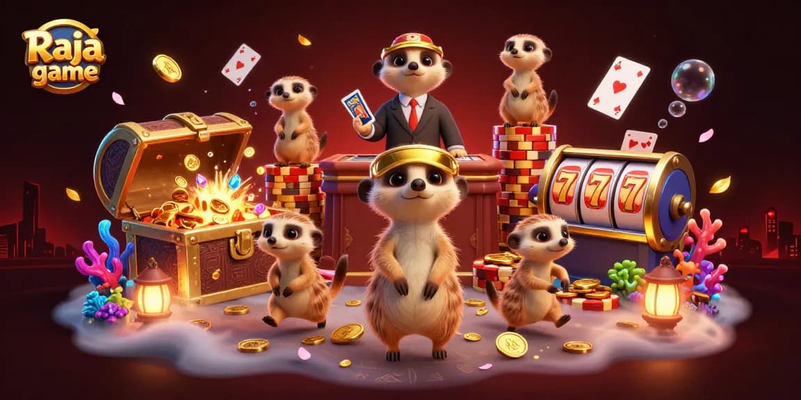 Experience thrilling Raja game excitement with meerkats managing a vibrant casino in this detailed illustration.