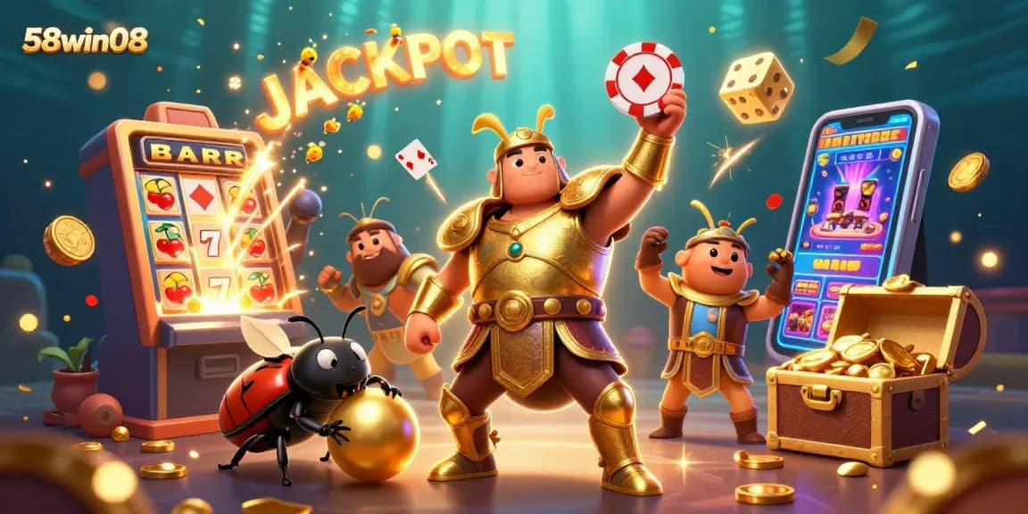 58win08 showcases an exciting jackpot scene with colorful characters celebrating wins in a vibrant casino atmosphere.