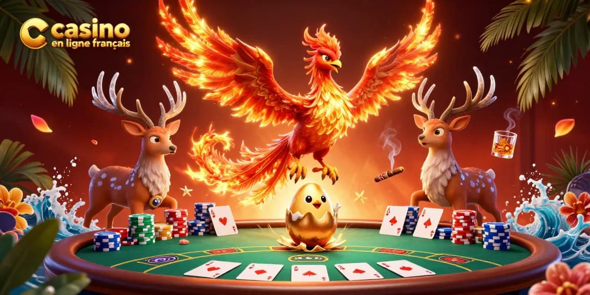 Découvrez une illustration captivante avec un casino en ligne français, phoenix de feu et éléments de poker.