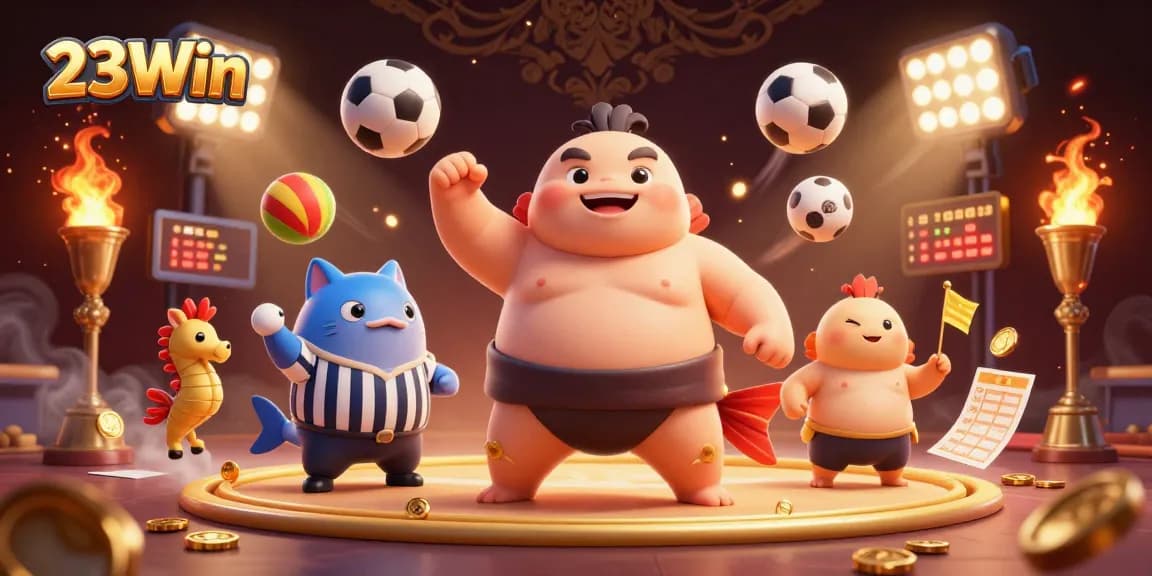 Engage with 23Win's thrilling underwater casino scene featuring dynamic sports action and animated characters.