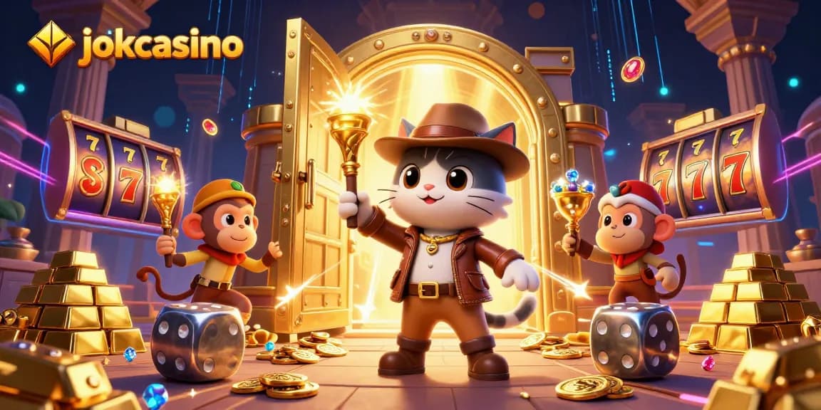 Engage in jokacasino's thrilling slots adventure depicted in a vibrant 3D scene filled with treasures.