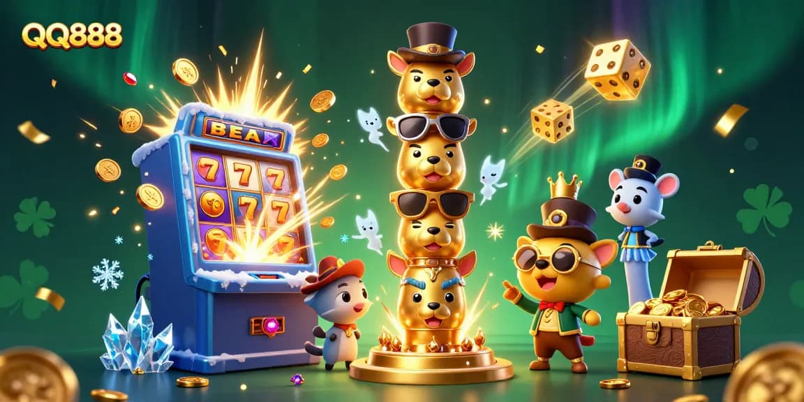 Engage in thrilling gameplay at QQ888 with vibrant slot machines, golden coins, and rich casino visuals.