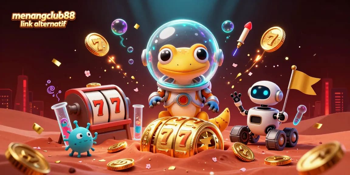 Engage with menangclub88 link alternatif in a vibrant 3D casino scene featuring a Martian gecko and a robot sidekick.