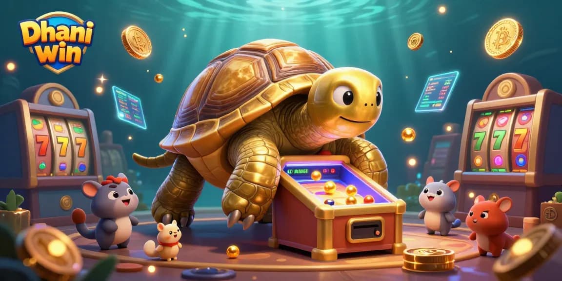 Dhani win showcases thrilling slot games with a golden tortoise pinball character and vibrant casino elements.