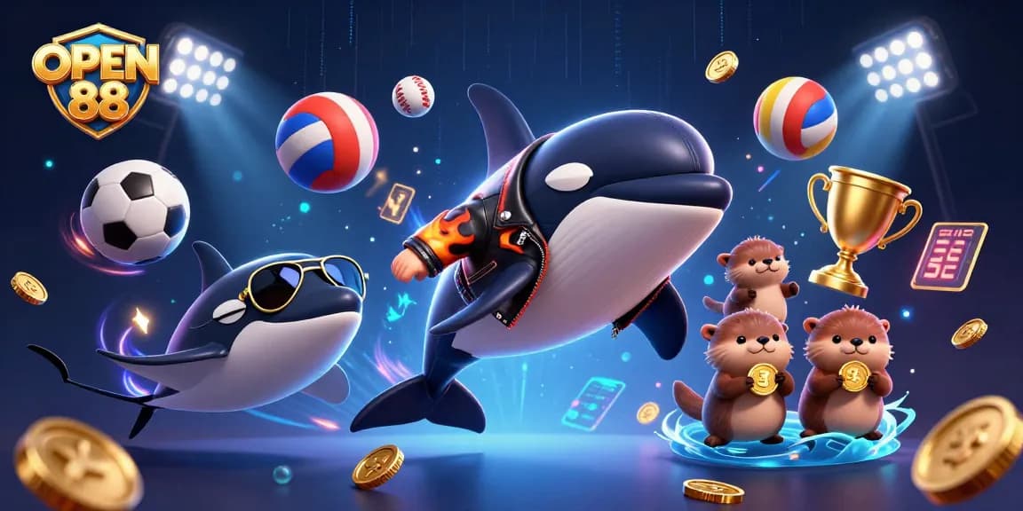 Engage with OPEN 88's thrilling scene featuring playful ocean creatures and dynamic sports elements.