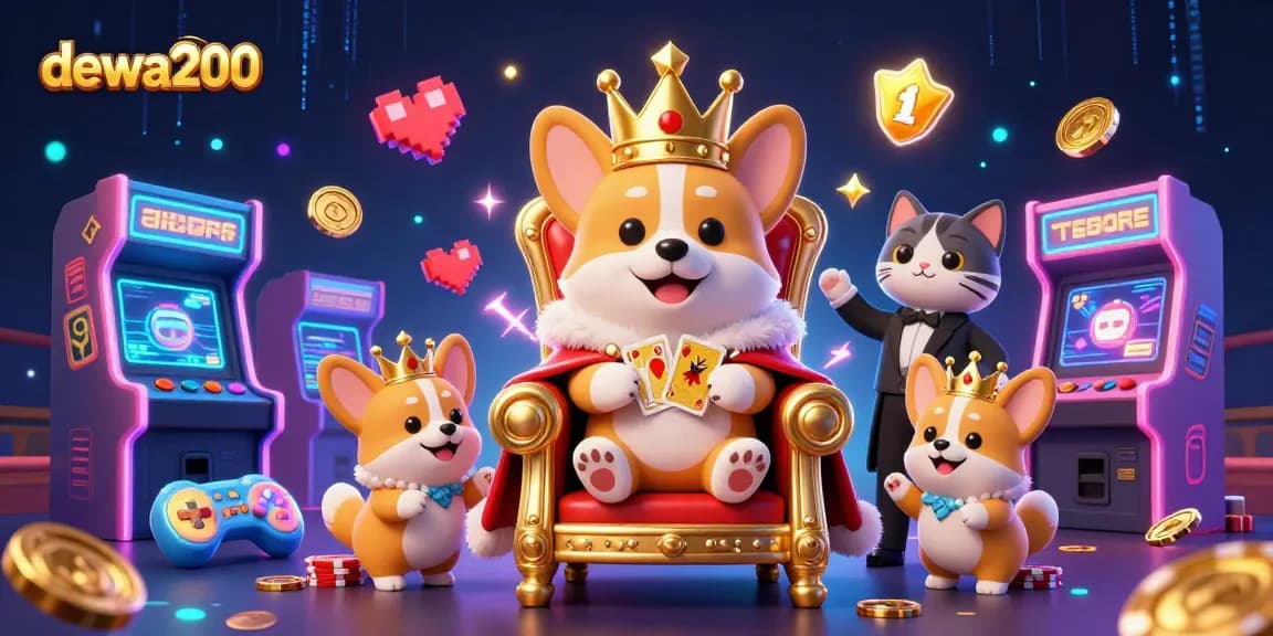 Rasakan pengalaman bermain di dewa200 dengan corgi raja duduk di takhta chip poker dan tampak penuh warna.