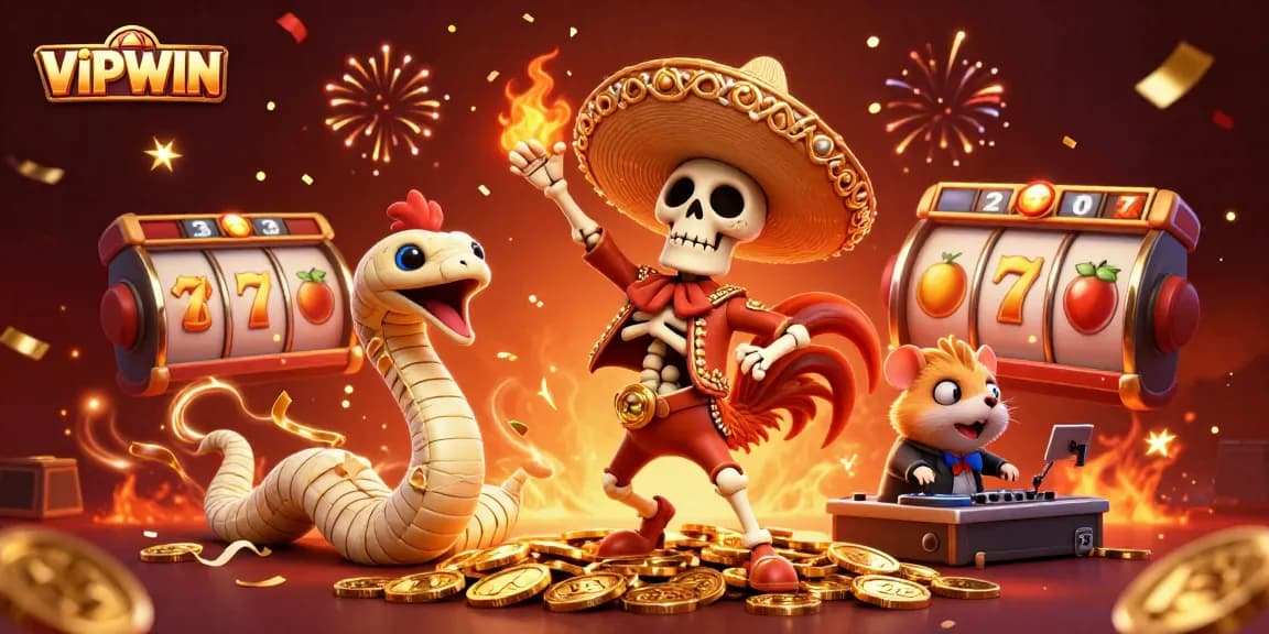 Celebrate big wins at VIPWIN, featuring a lively skeleton dancing surrounded by golden coins and slot elements!