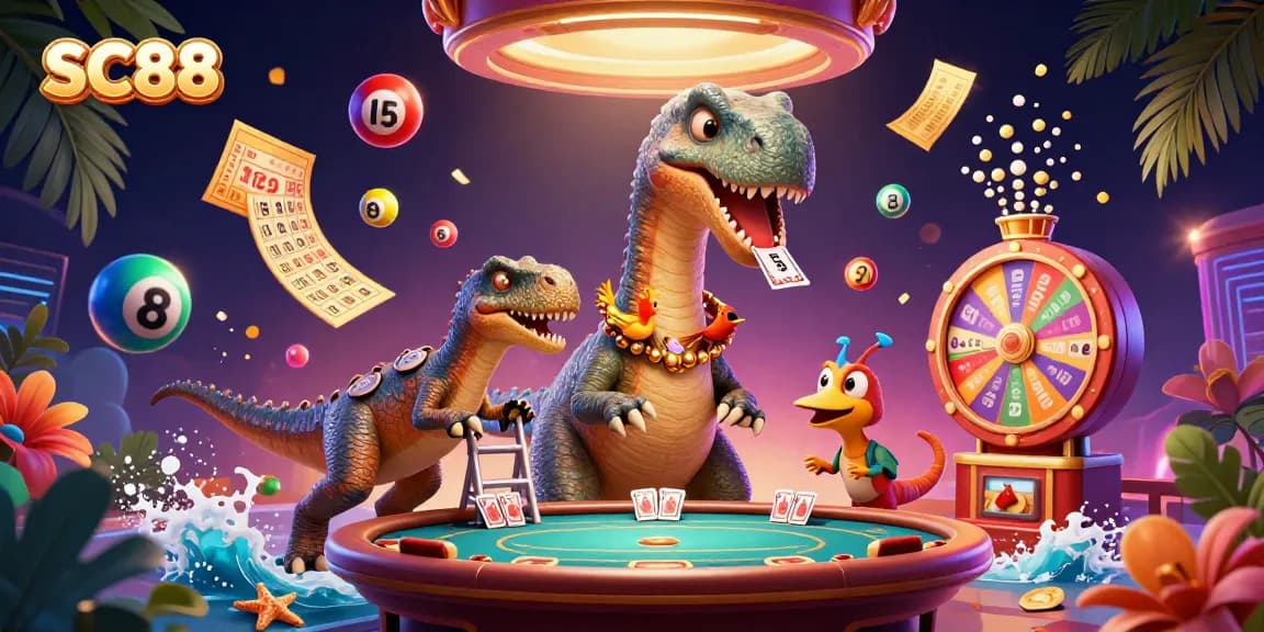Engage in the vibrant world of SC88 with a colorful 3D casino scene featuring dynamic lottery elements.