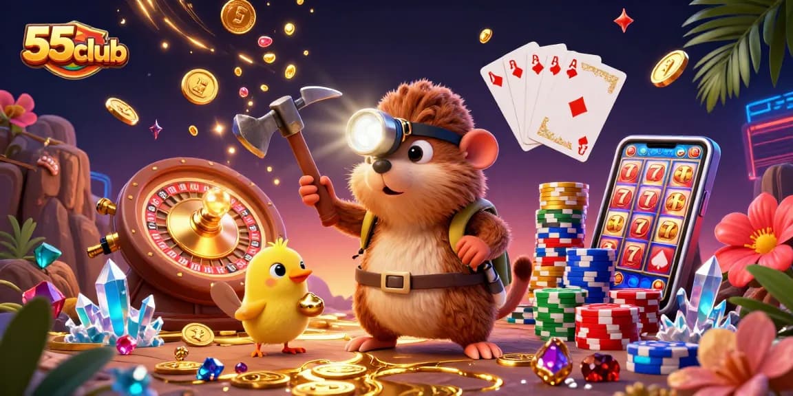 Experience the thrill of 55club with a treasure hunter mole and vibrant casino elements.