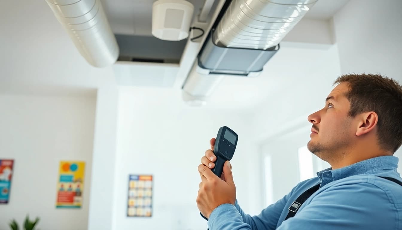 Inspect a havc duct leakage with a technician analyzing ductwork in a bright environment.