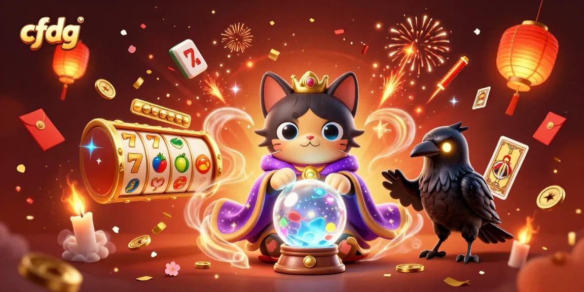 Engage with cfdg as the fortune teller cat predicts winning strategies in a vibrant casino scene.
