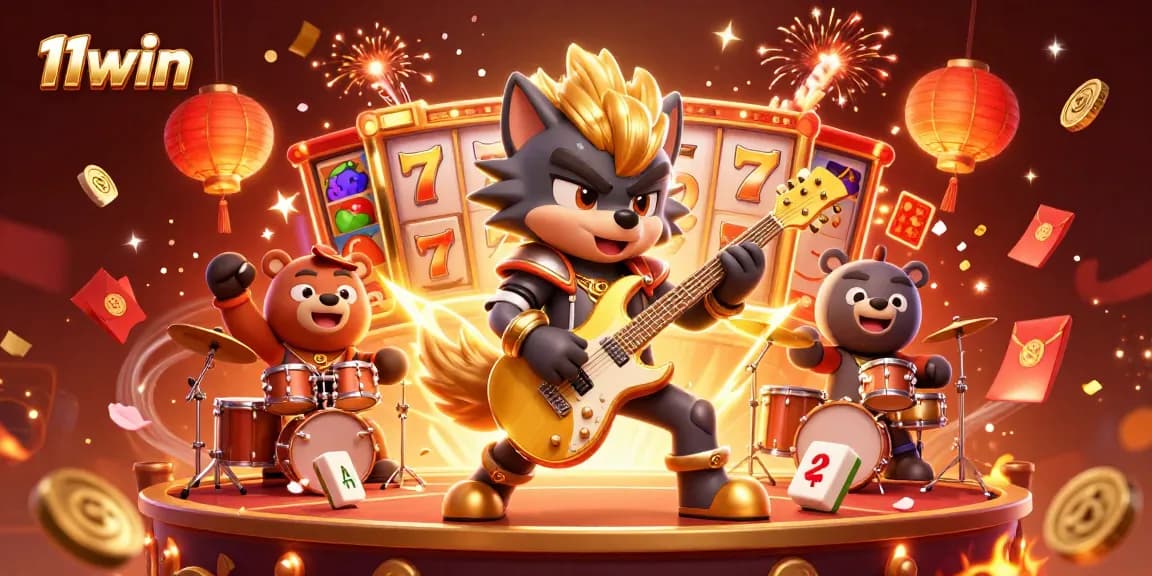 Experience the excitement of 11win with a lively casino scene featuring vibrant characters and game elements.