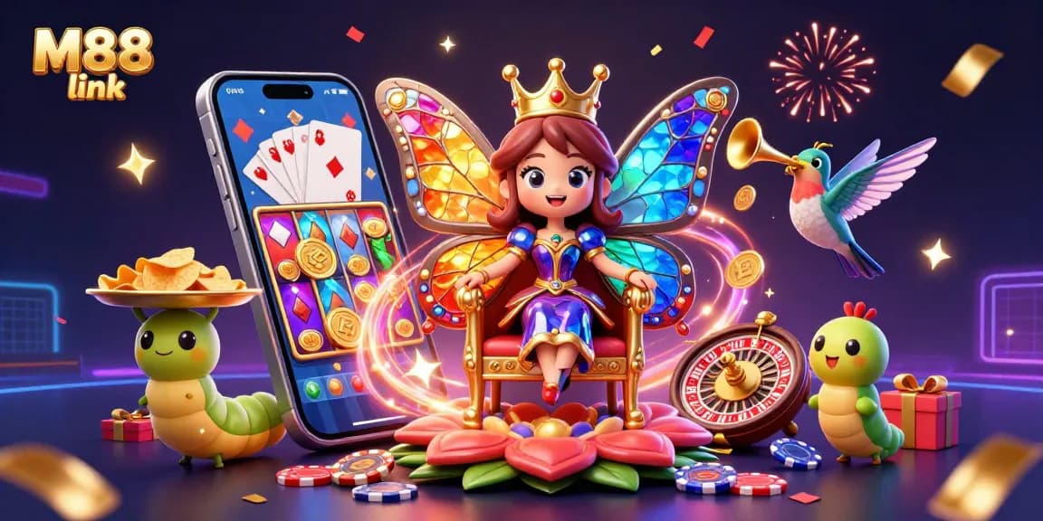 M88 link visualizes vibrant online casino excitement with a butterfly queen, celebrating wins and gaming.