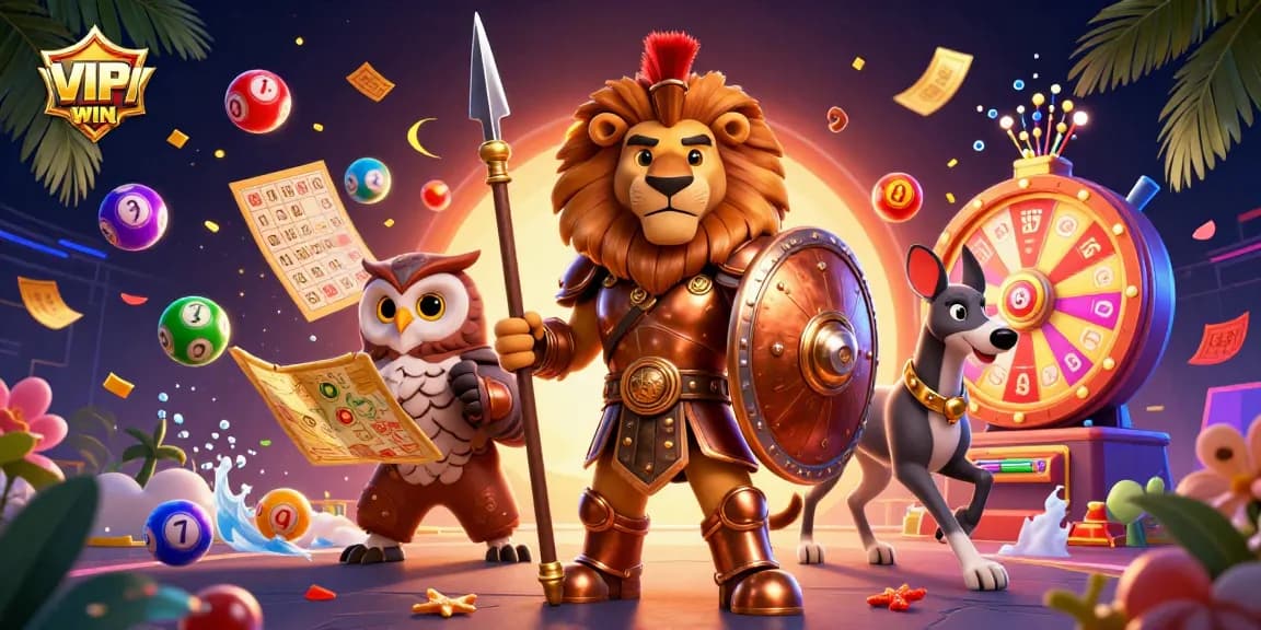 VIPWIN offers exciting lottery games with a dynamic scene featuring characters in a vibrant casino.