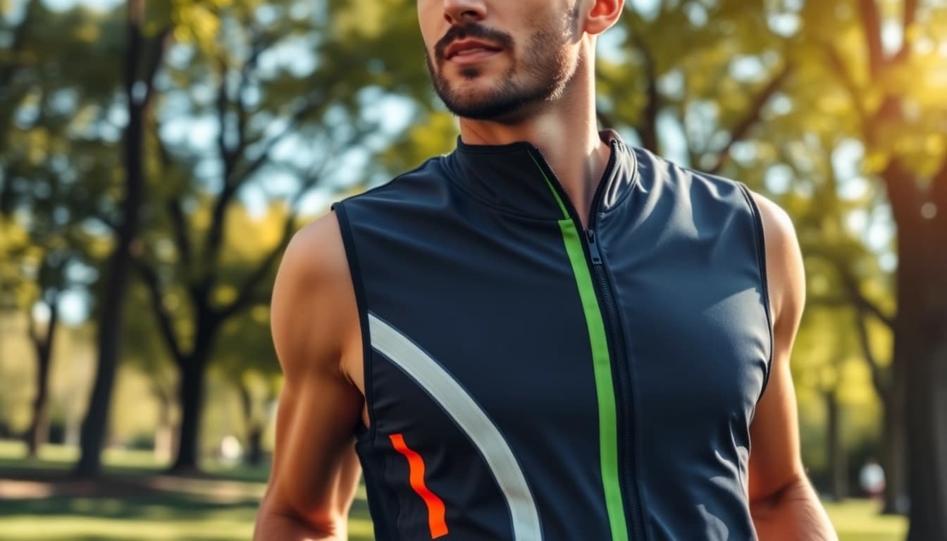 Runner showcasing the STRYQ running vest during an outdoor workout in a vibrant park.